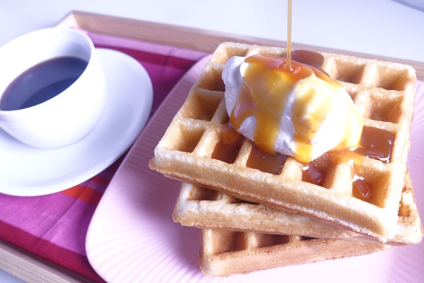 Crisp Waffles with Warm Butterscotch Sauce