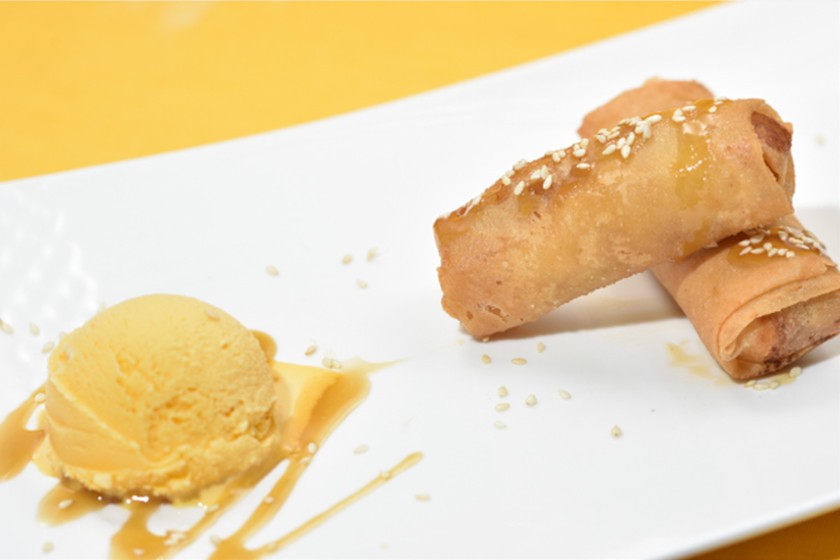 Peanut Butter Turon with Salted Caramel and Ice Cream