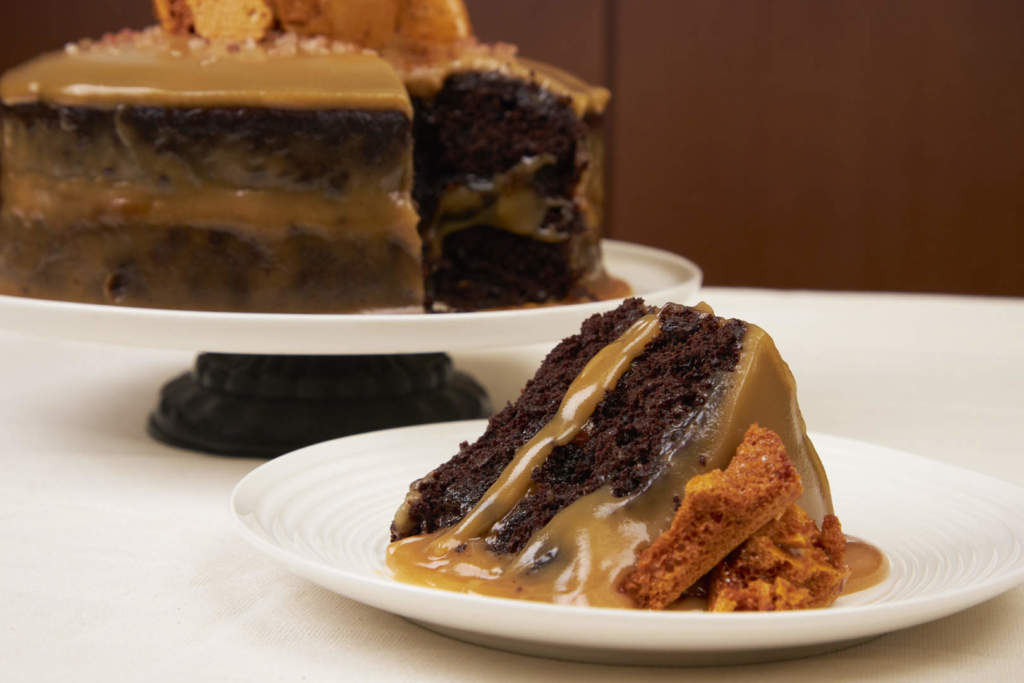 Decadent Salted Caramel Fudge Layered Chocolate Cake w Caramel Crunch