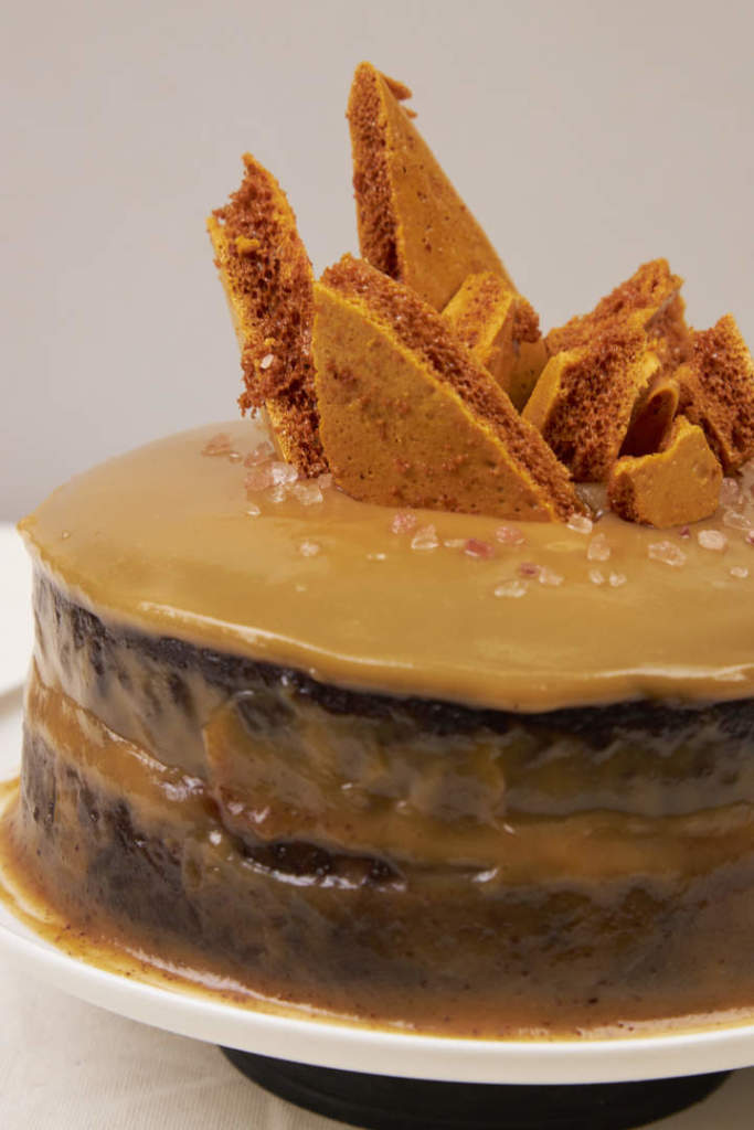 Decadent Salted Caramel Fudge Layered Chocolate Cake w Caramel Crunch