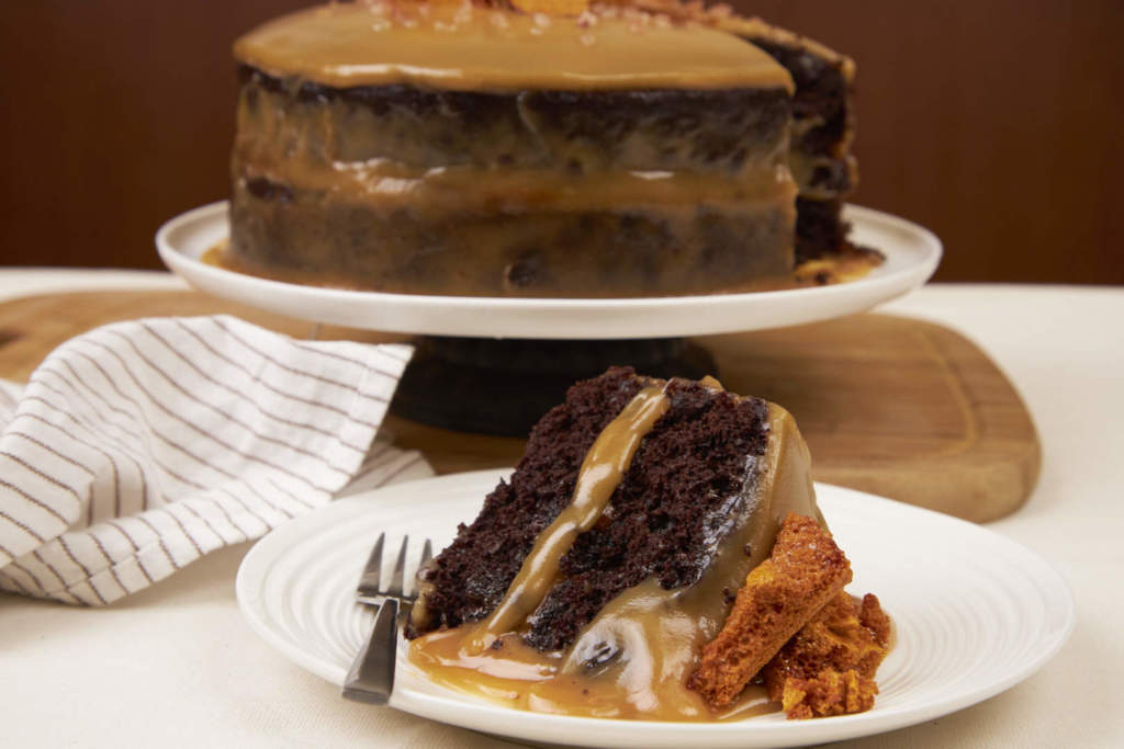 Decadent Salted Caramel Fudge Layered Chocolate Cake w Caramel Crunch