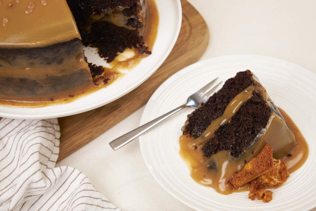 Decadent Salted Caramel Fudge Layered Chocolate Cake w Caramel Crunch