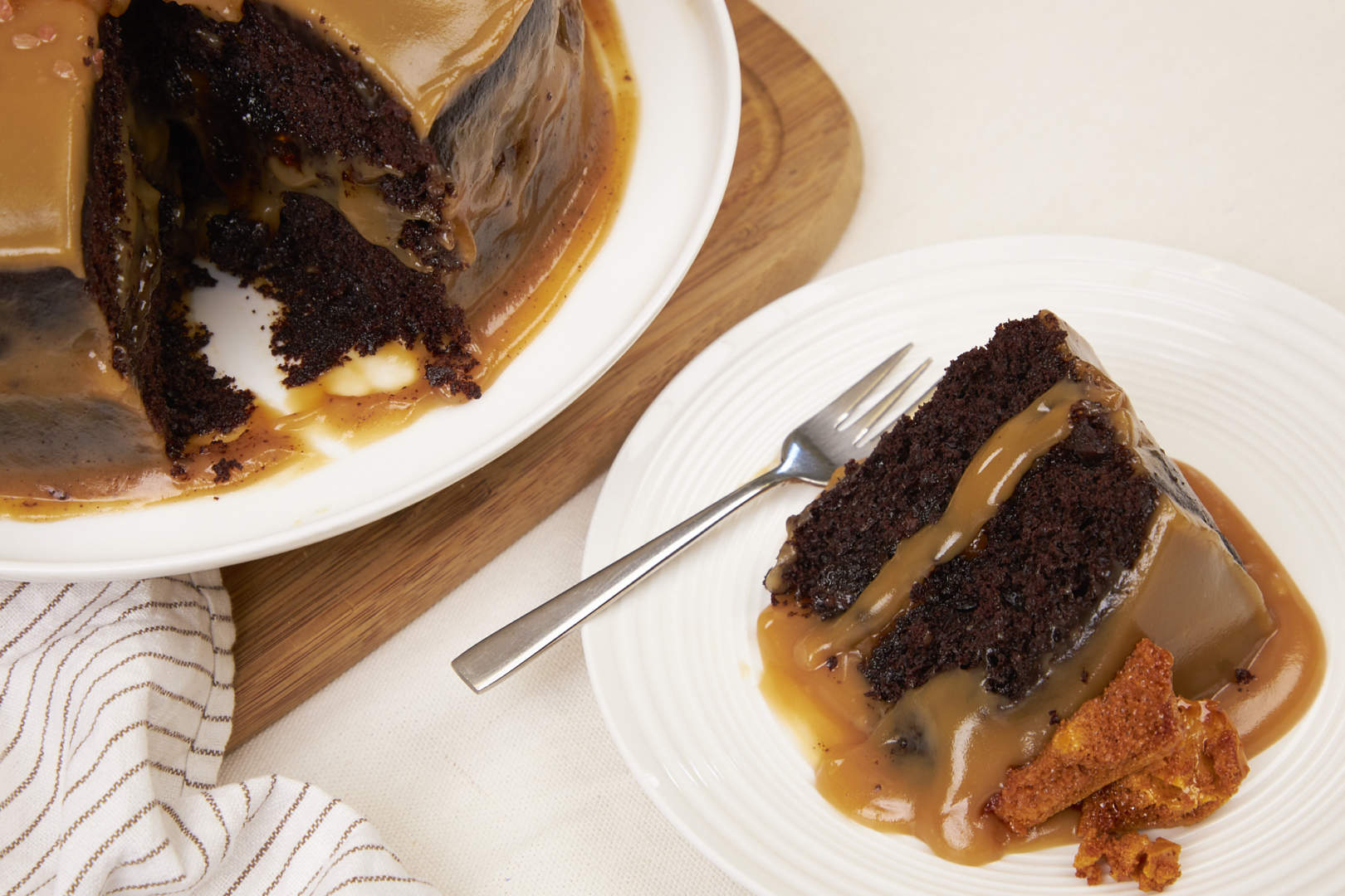 Decadent Salted Caramel Fudge Layered Chocolate Cake w Caramel Crunch