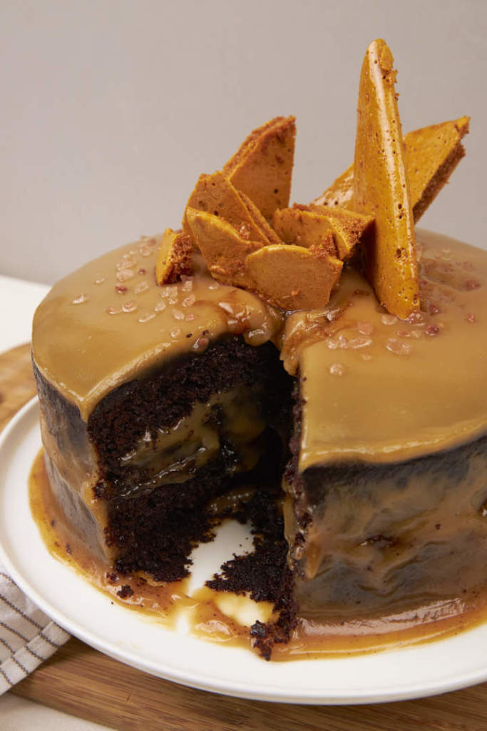 Decadent Salted Caramel Fudge Layered Chocolate Cake w Caramel Crunch