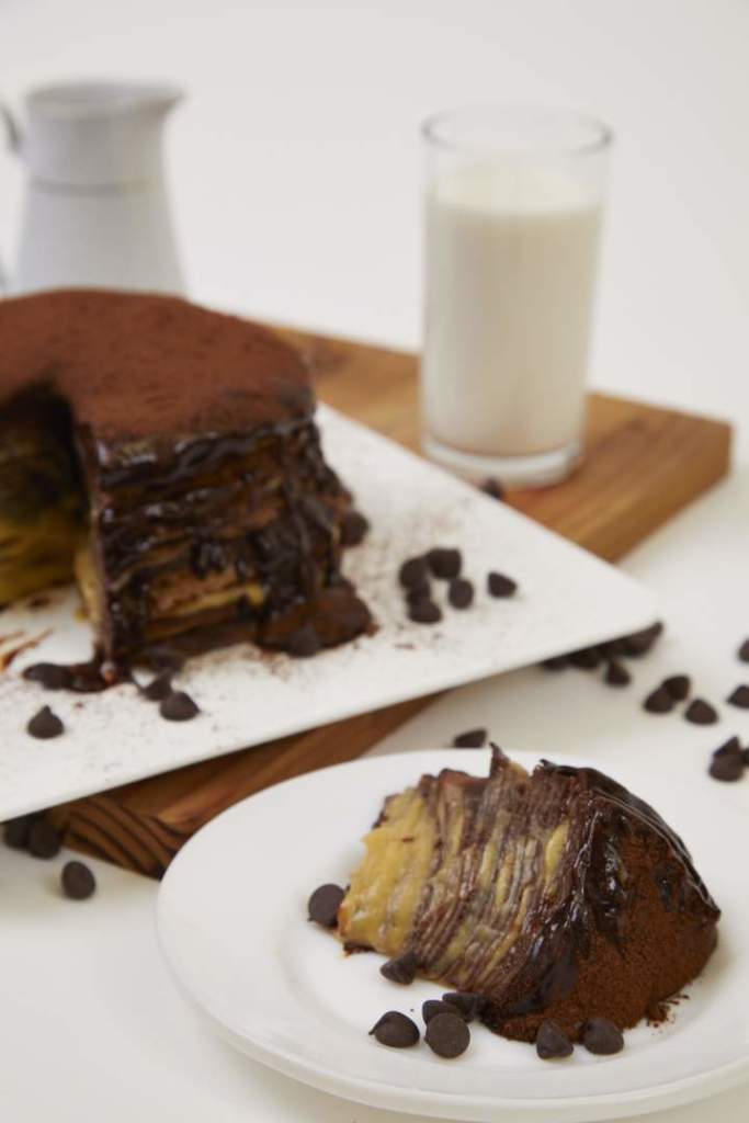 Chocolate Crepe Cake with Rum Custard Filling