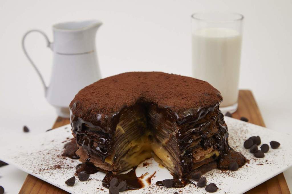 Chocolate Crepe Cake with Rum Custard Filling
