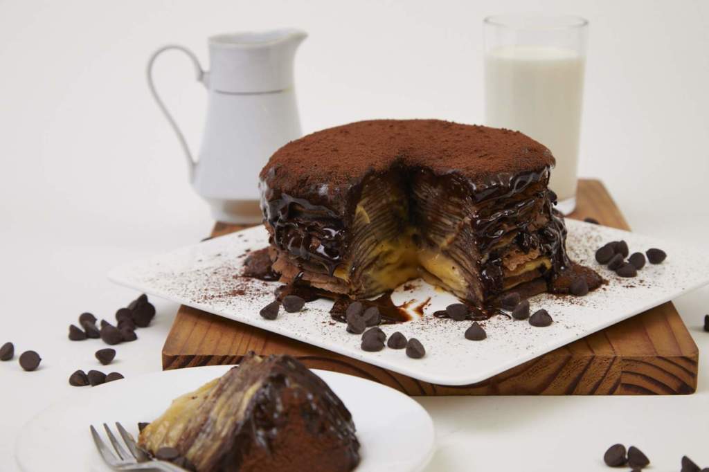 Chocolate Crepe Cake with Rum Custard Filling